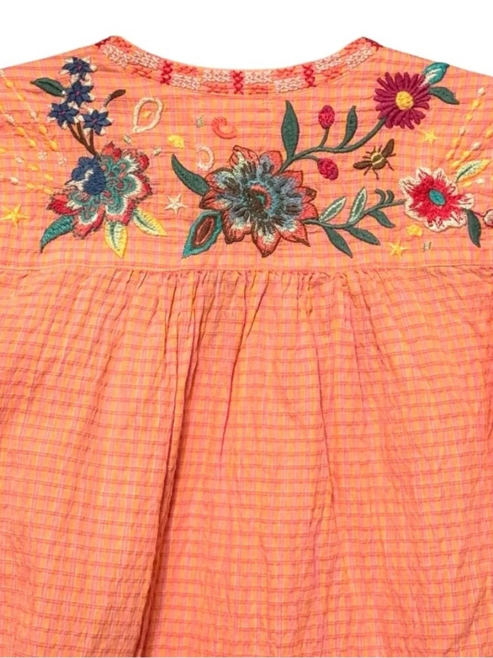 Johnny Was Olinda Puff Sleeve Embroidered Floral V-Neck Top Blouse